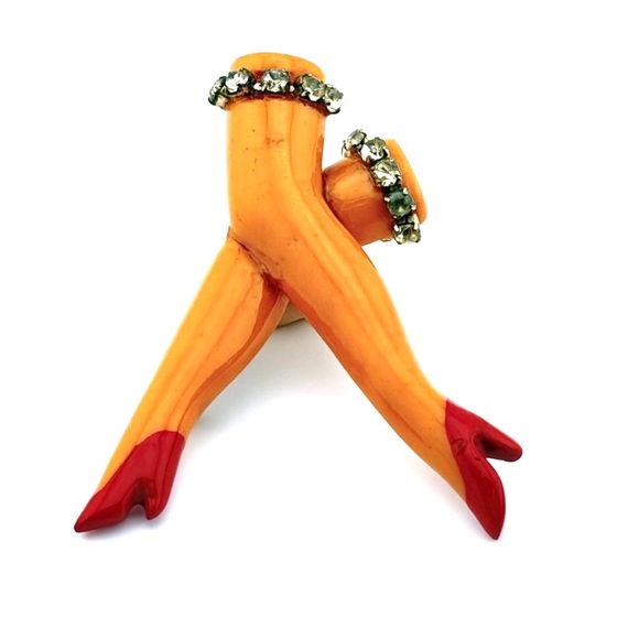 Source Unknown Accessories - Vintage Resin Adult Legs w Rhinestone Garter Belt & Lipstick Red Stiletto Brooch
